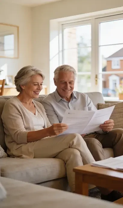 An older couple sits together on a couch in a bright living room, smiling as they review First-Time Buyer Mortgages documents, with a coffee table and large window in the background.